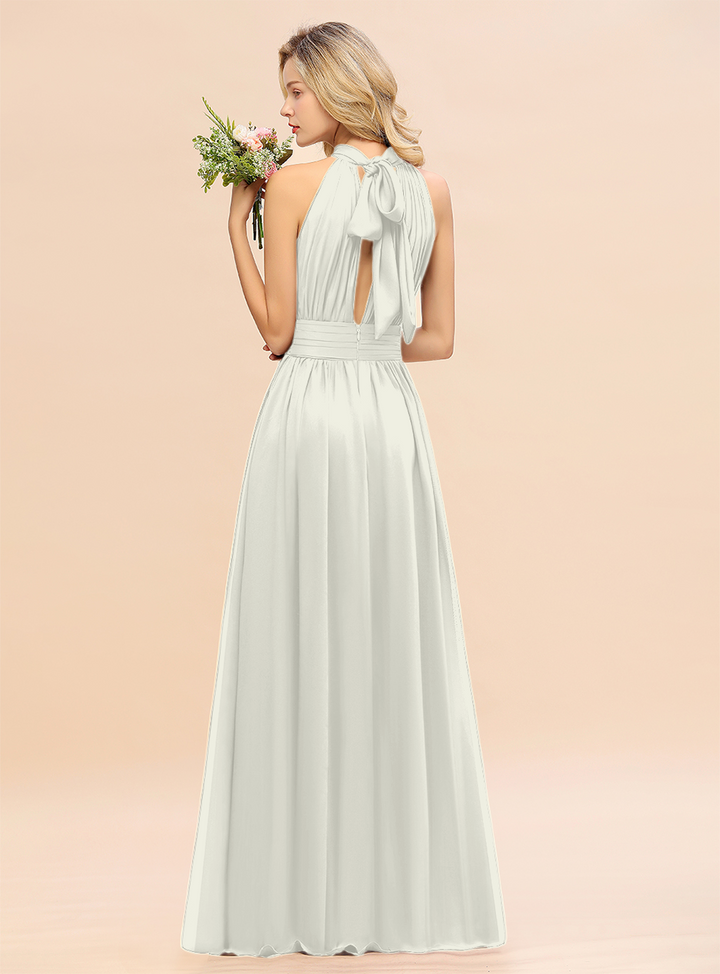 A-line High-Neck Halter Ruffle Chiffon Floor-Length Dress-koscy