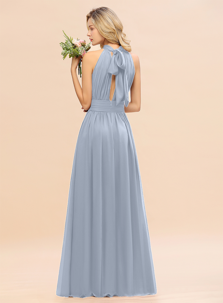 A-line High-Neck Halter Ruffle Chiffon Floor-Length Dress-koscy