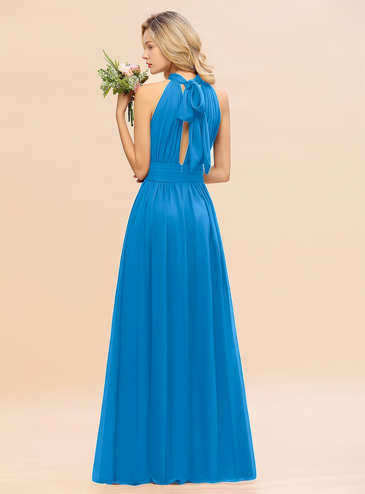 A-line High-Neck Halter Ruffle Chiffon Floor-Length Dress-koscy