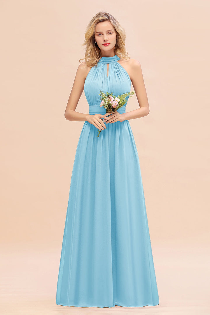 A-line High-Neck Halter Ruffle Chiffon Floor-Length Dress-koscy