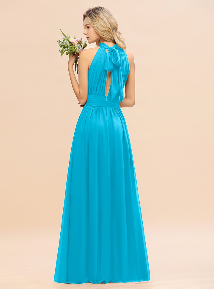 A-line High-Neck Halter Ruffle Chiffon Floor-Length Dress-koscy