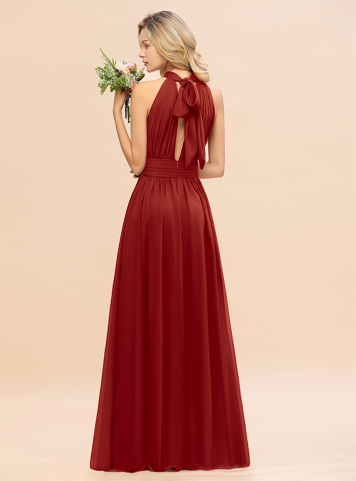 A-line High-Neck Halter Ruffle Chiffon Floor-Length Dress-koscy