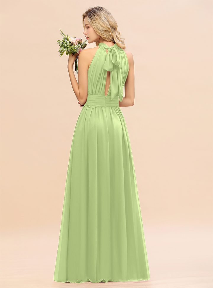 A-line High-Neck Halter Ruffle Chiffon Floor-Length Dress-koscy