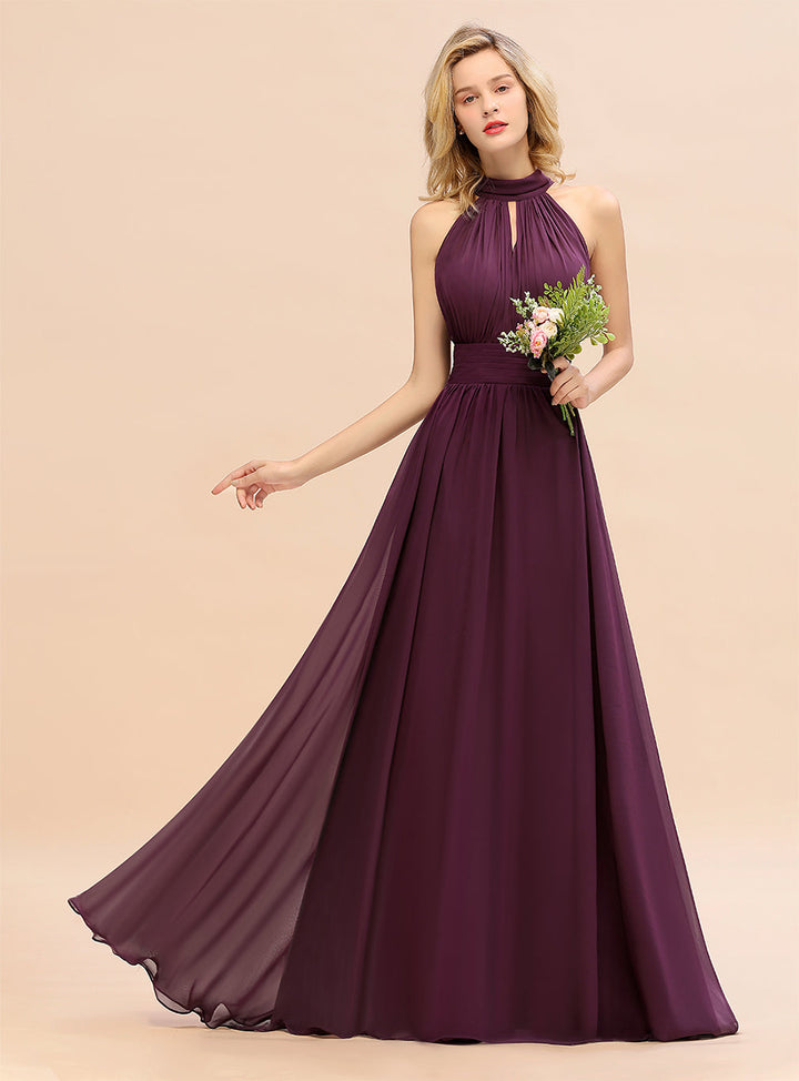 A-line High-Neck Halter Ruffle Chiffon Floor-Length Dress-koscy