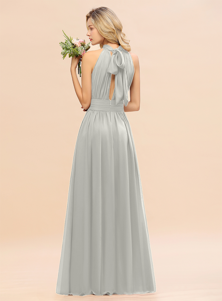 A-line High-Neck Halter Ruffle Chiffon Floor-Length Dress-koscy