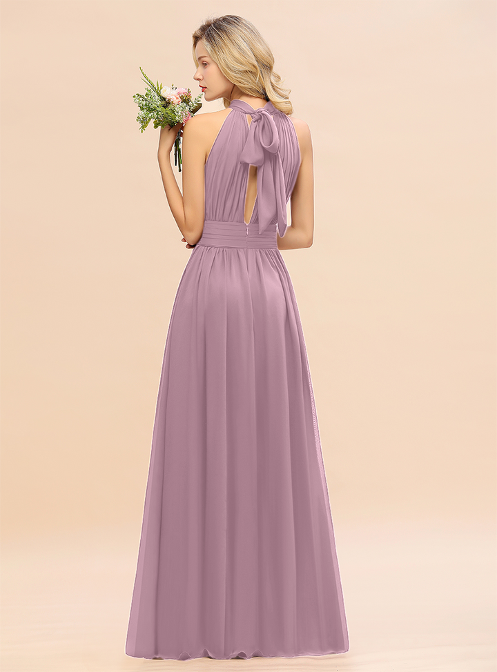 A-line High-Neck Halter Ruffle Chiffon Floor-Length Dress-koscy