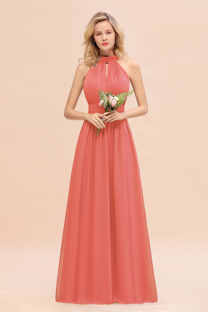 A-line High-Neck Halter Ruffle Chiffon Floor-Length Dress-koscy