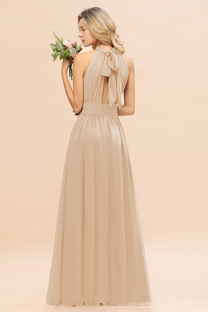 A-line High-Neck Halter Ruffle Chiffon Floor-Length Dress-koscy