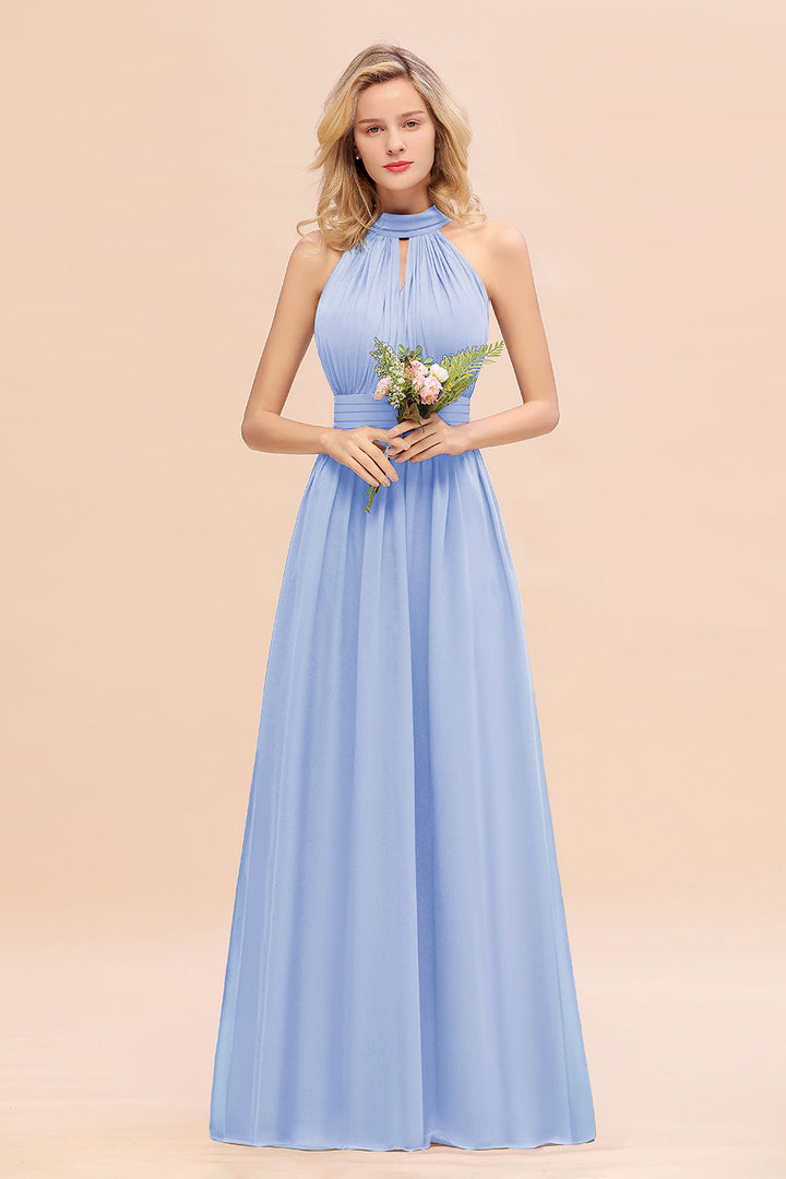 A-line High-Neck Halter Ruffle Chiffon Floor-Length Dress-koscy