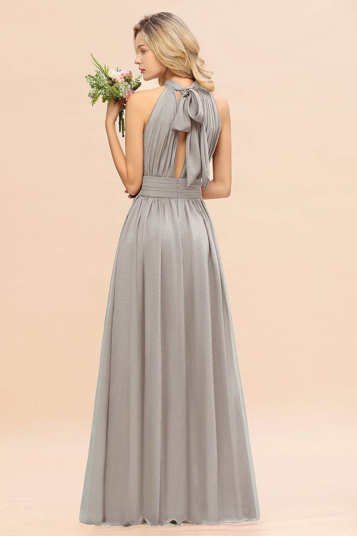 A-line High-Neck Halter Ruffle Chiffon Floor-Length Dress-koscy