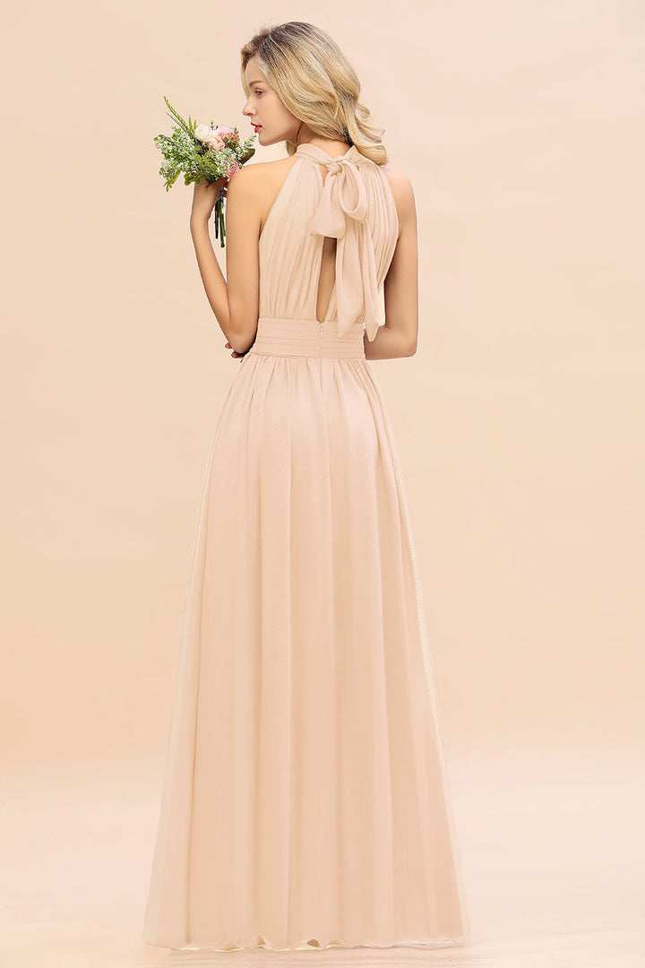 A-line High-Neck Halter Ruffle Chiffon Floor-Length Dress-koscy