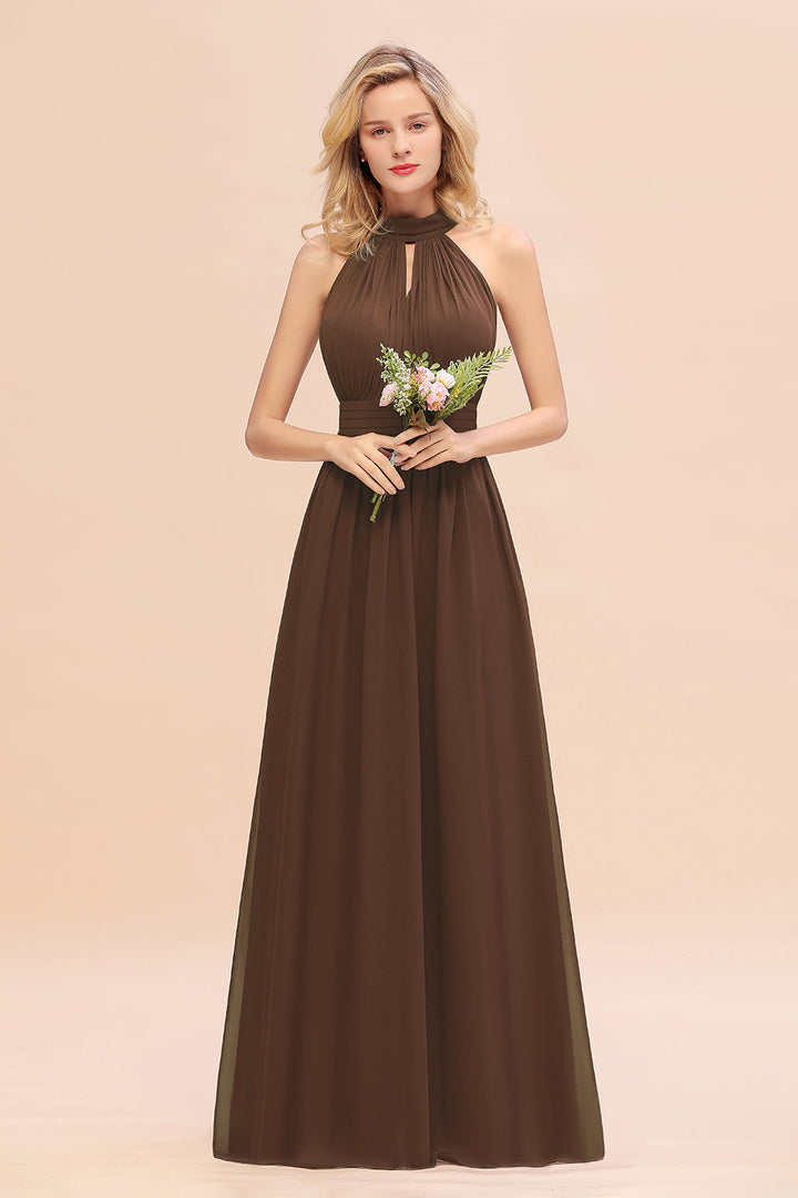 A-line High-Neck Halter Ruffle Chiffon Floor-Length Dress-koscy