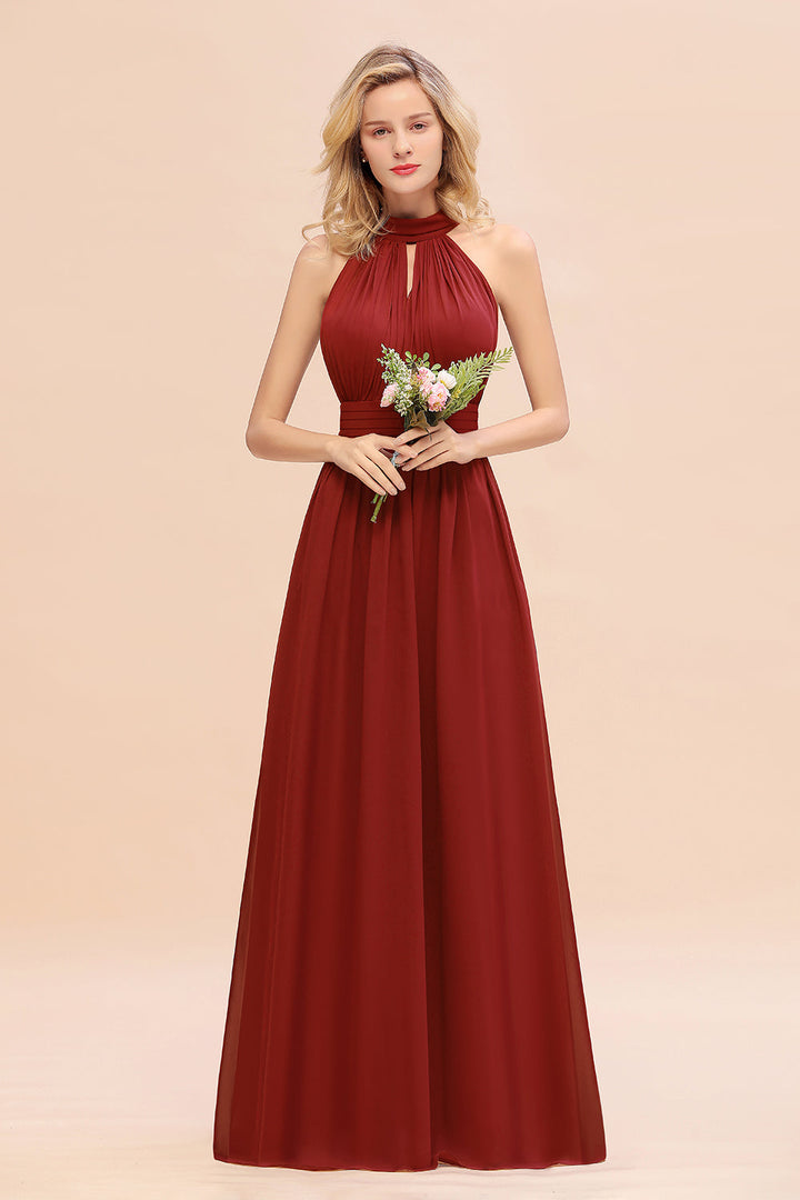 A-line High-Neck Halter Ruffle Chiffon Floor-Length Dress-koscy