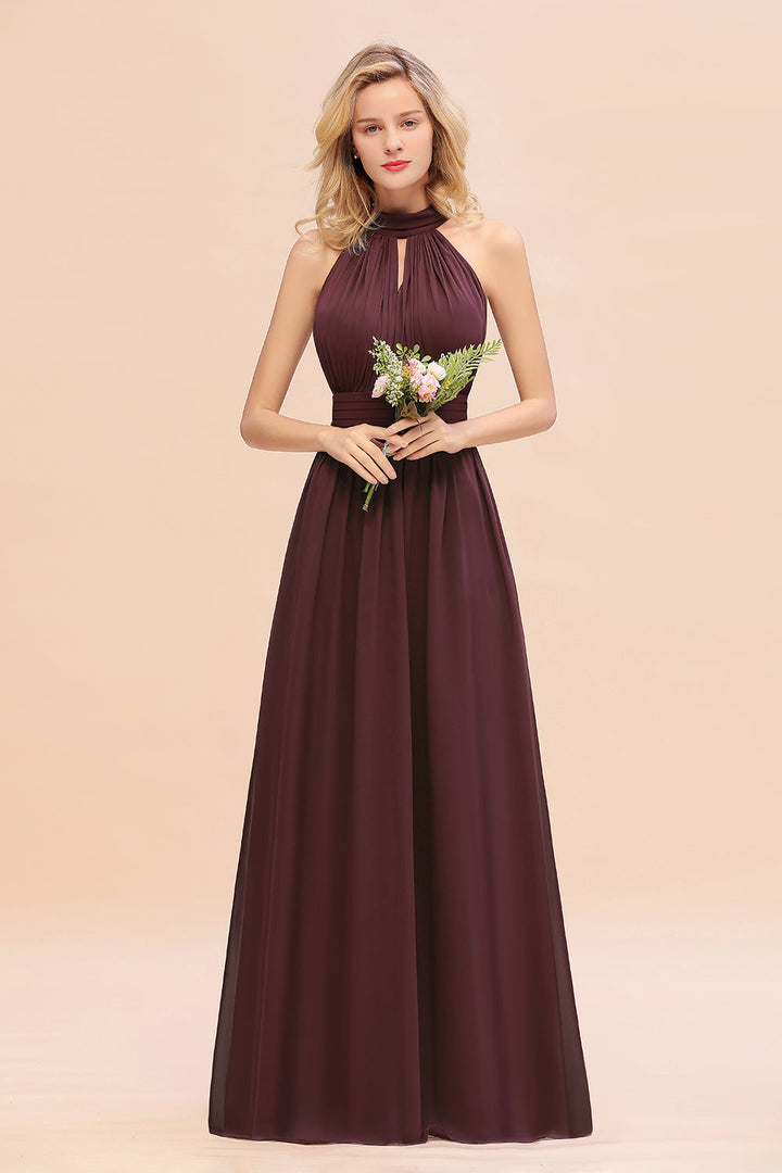 A-line High-Neck Halter Ruffle Chiffon Floor-Length Dress-koscy