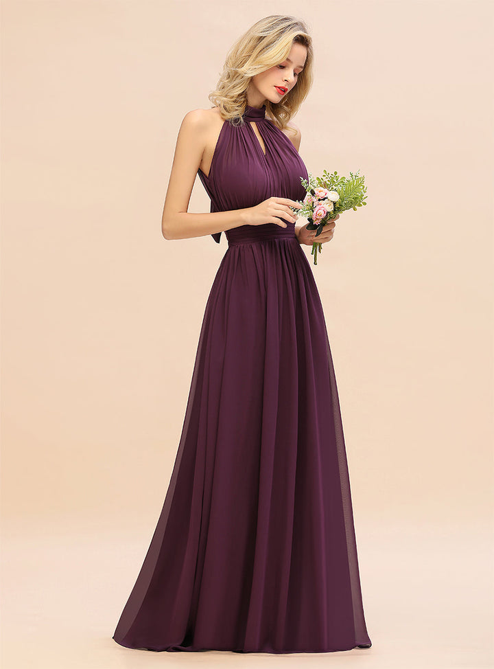 A-line High-Neck Halter Ruffle Chiffon Floor-Length Dress-koscy