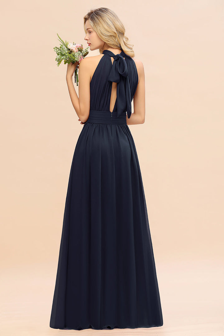 A-line High-Neck Halter Ruffle Chiffon Floor-Length Dress-koscy