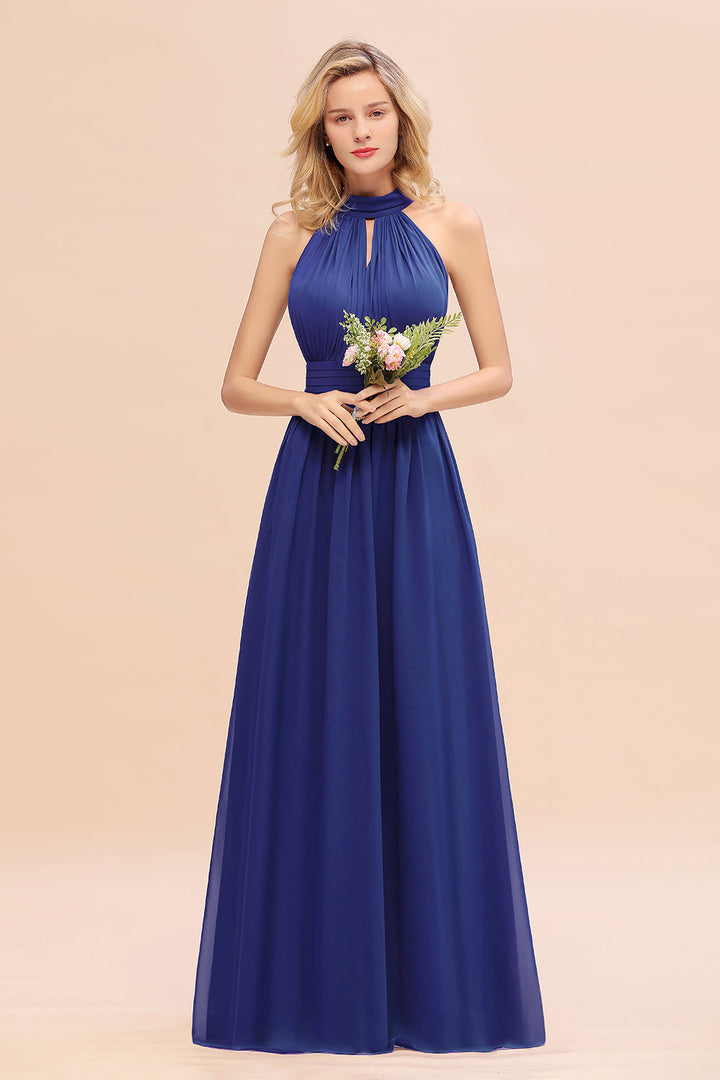 A-line High-Neck Halter Ruffle Chiffon Floor-Length Dress-koscy