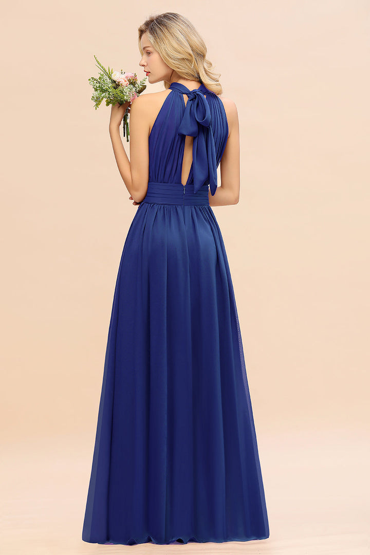 A-line High-Neck Halter Ruffle Chiffon Floor-Length Dress-koscy