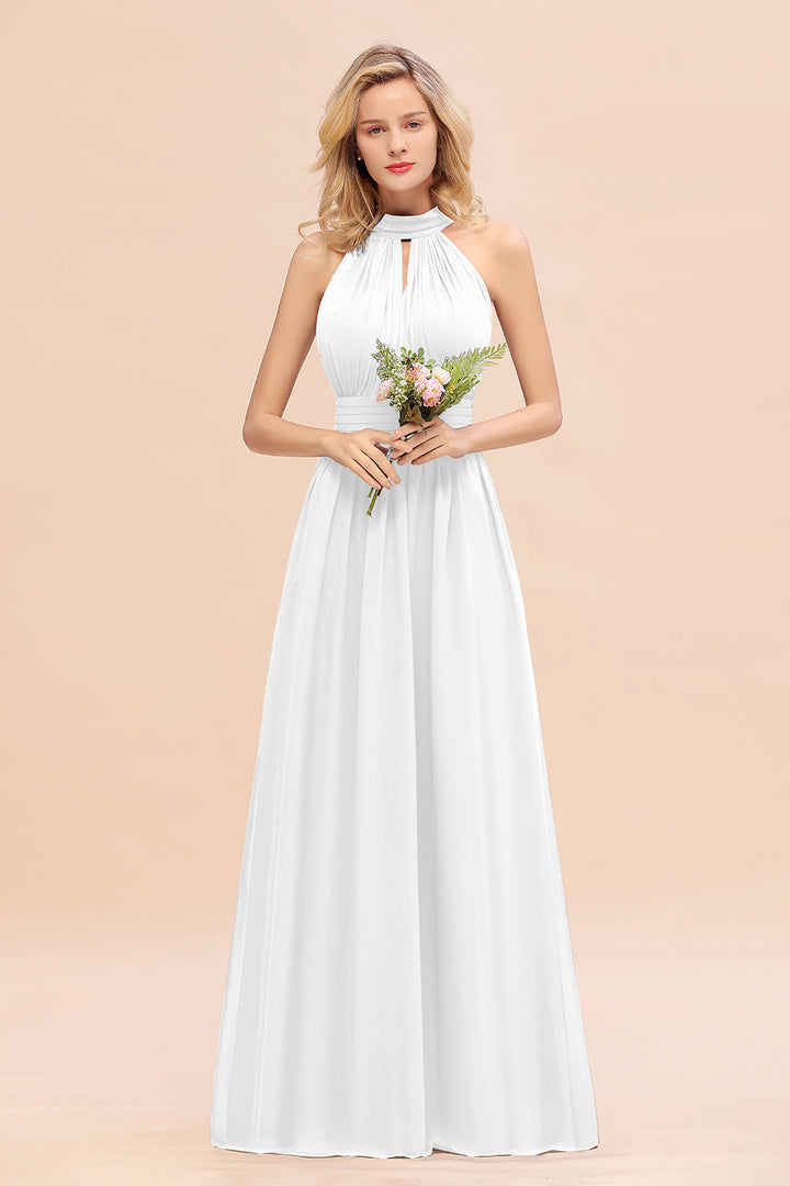 A-line High-Neck Halter Ruffle Chiffon Floor-Length Dress-koscy