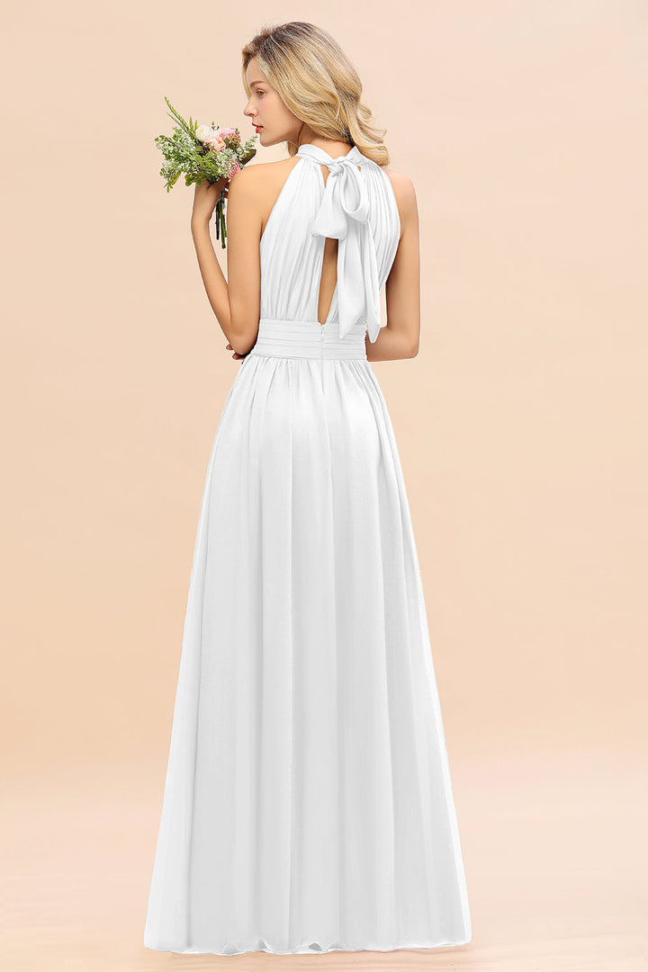 A-line High-Neck Halter Ruffle Chiffon Floor-Length Dress-koscy