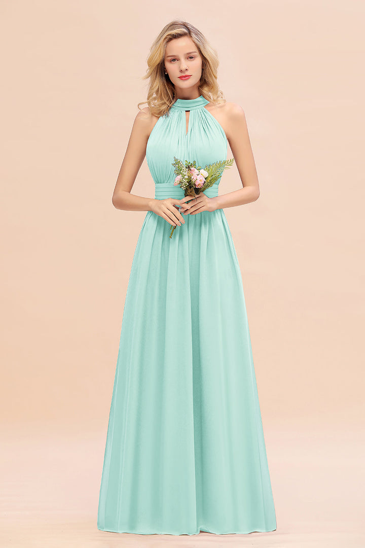 A-line High-Neck Halter Ruffle Chiffon Floor-Length Dress-koscy