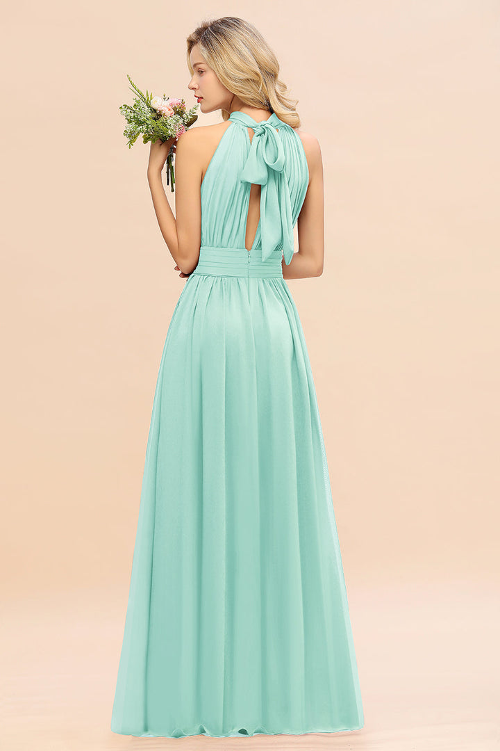 A-line High-Neck Halter Ruffle Chiffon Floor-Length Dress-koscy