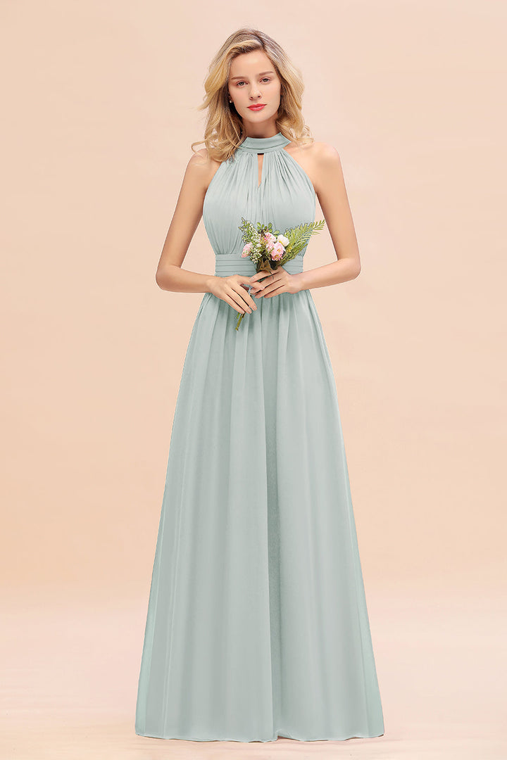 A-line High-Neck Halter Ruffle Chiffon Floor-Length Dress-koscy