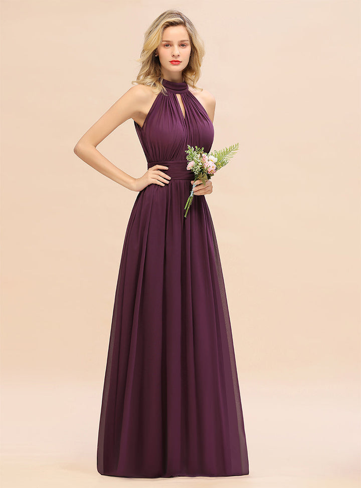 A-line High-Neck Halter Ruffle Chiffon Floor-Length Dress-koscy