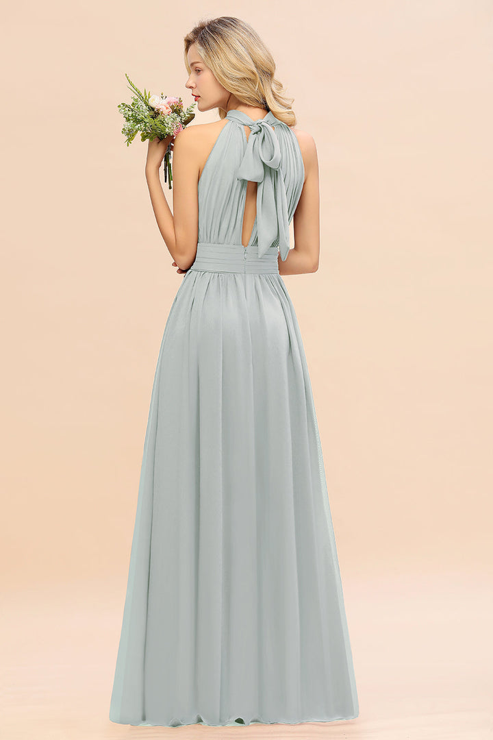 A-line High-Neck Halter Ruffle Chiffon Floor-Length Dress-koscy