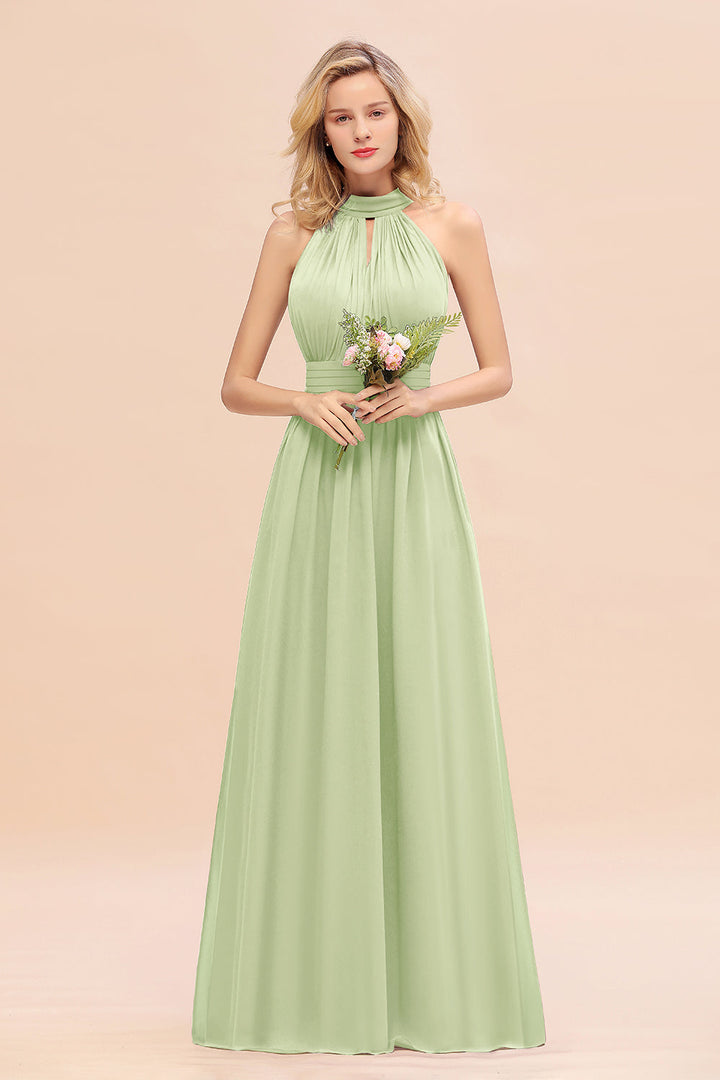 A-line High-Neck Halter Ruffle Chiffon Floor-Length Dress-koscy