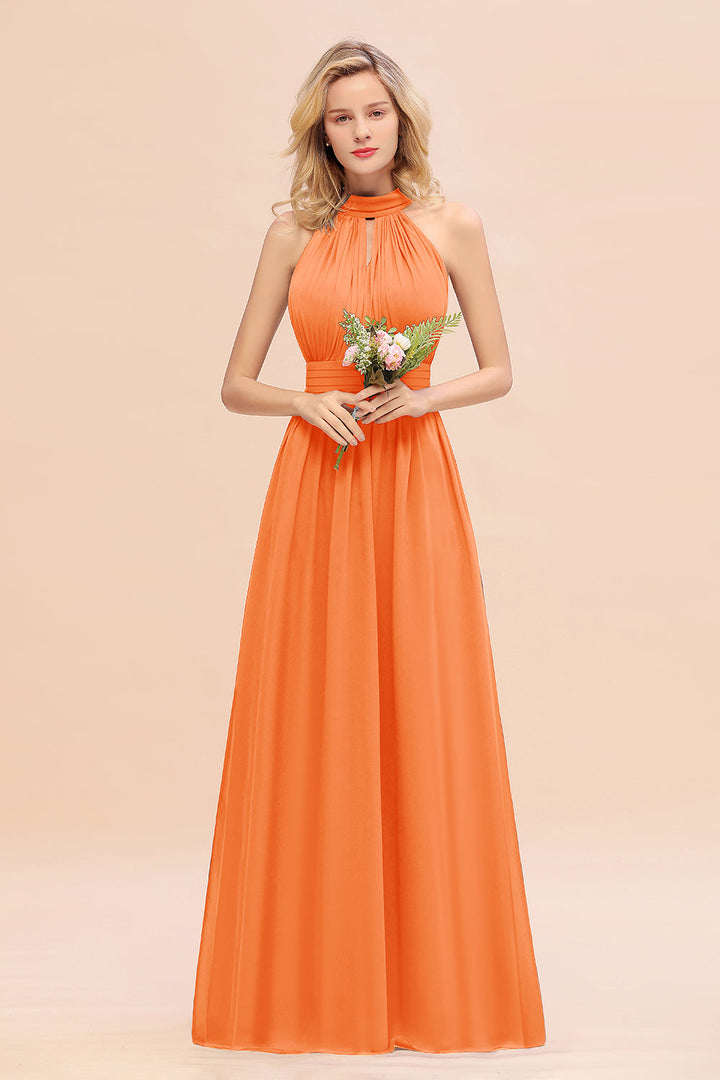 A-line High-Neck Halter Ruffle Chiffon Floor-Length Dress-koscy