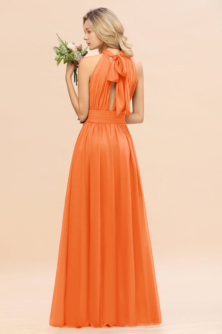 A-line High-Neck Halter Ruffle Chiffon Floor-Length Dress-koscy