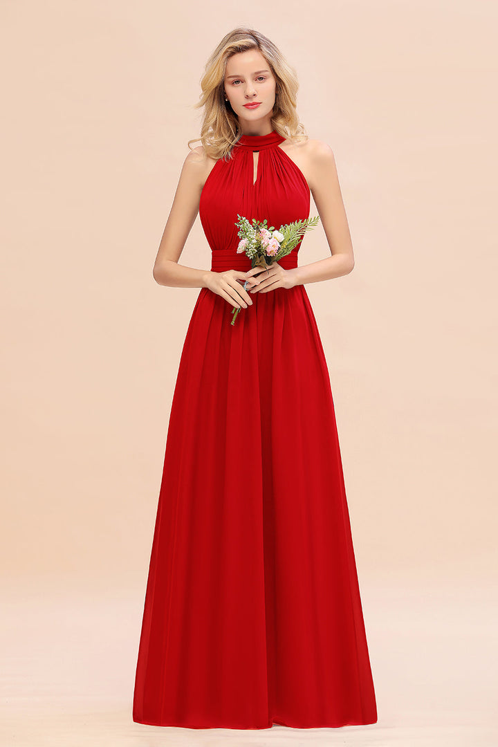 A-line High-Neck Halter Ruffle Chiffon Floor-Length Dress-koscy