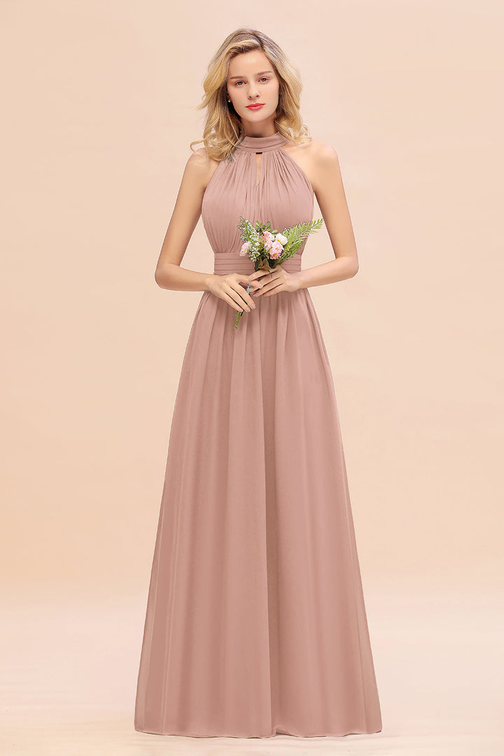 A-line High-Neck Halter Ruffle Chiffon Floor-Length Dress-koscy