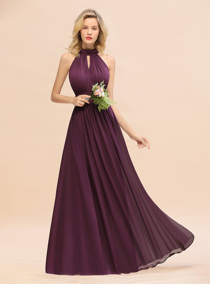 A-line High-Neck Halter Ruffle Chiffon Floor-Length Dress-koscy