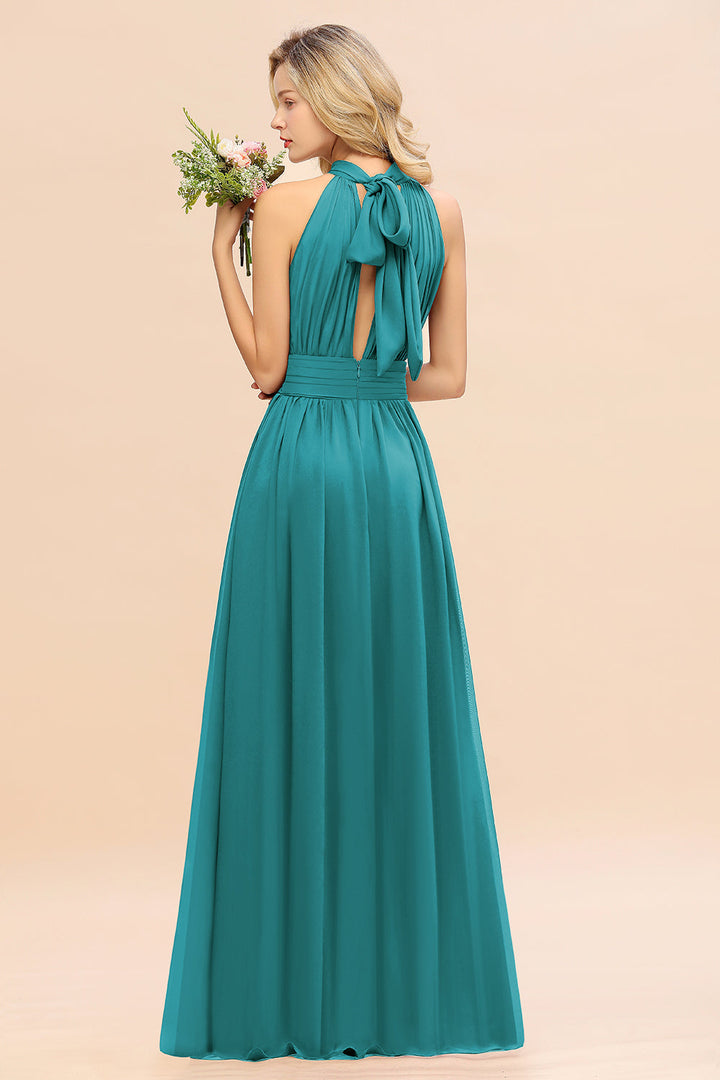 A-line High-Neck Halter Ruffle Chiffon Floor-Length Dress-koscy