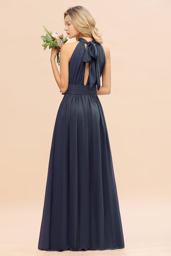 A-line High-Neck Halter Ruffle Chiffon Floor-Length Dress-koscy