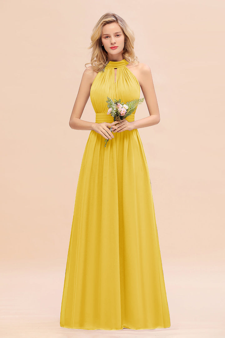 A-line High-Neck Halter Ruffle Chiffon Floor-Length Dress-koscy