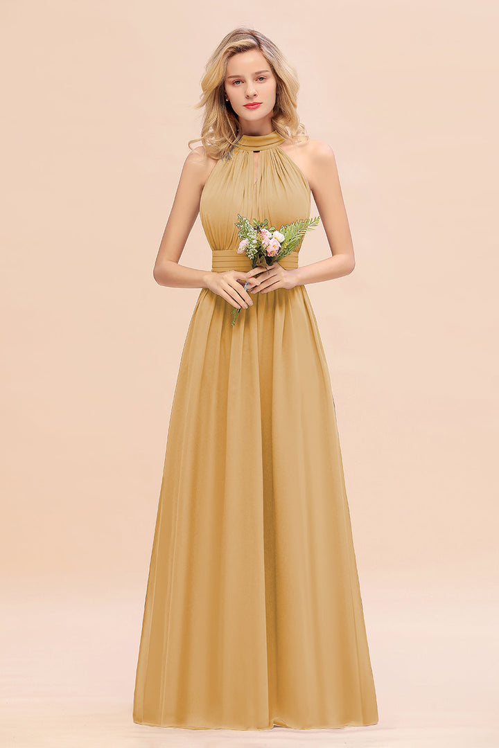 A-line High-Neck Halter Ruffle Chiffon Floor-Length Dress-koscy