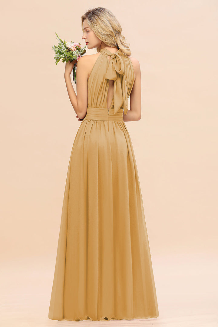 A-line High-Neck Halter Ruffle Chiffon Floor-Length Dress-koscy