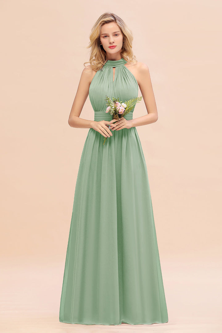 A-line High-Neck Halter Ruffle Chiffon Floor-Length Dress-koscy