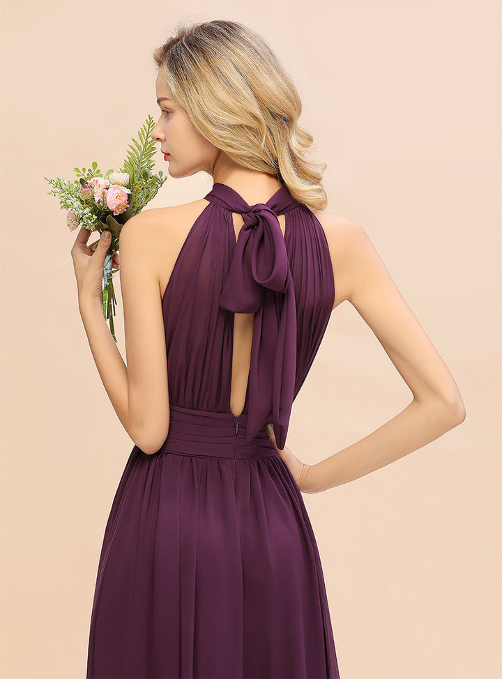 A-line High-Neck Halter Ruffle Chiffon Floor-Length Dress-koscy