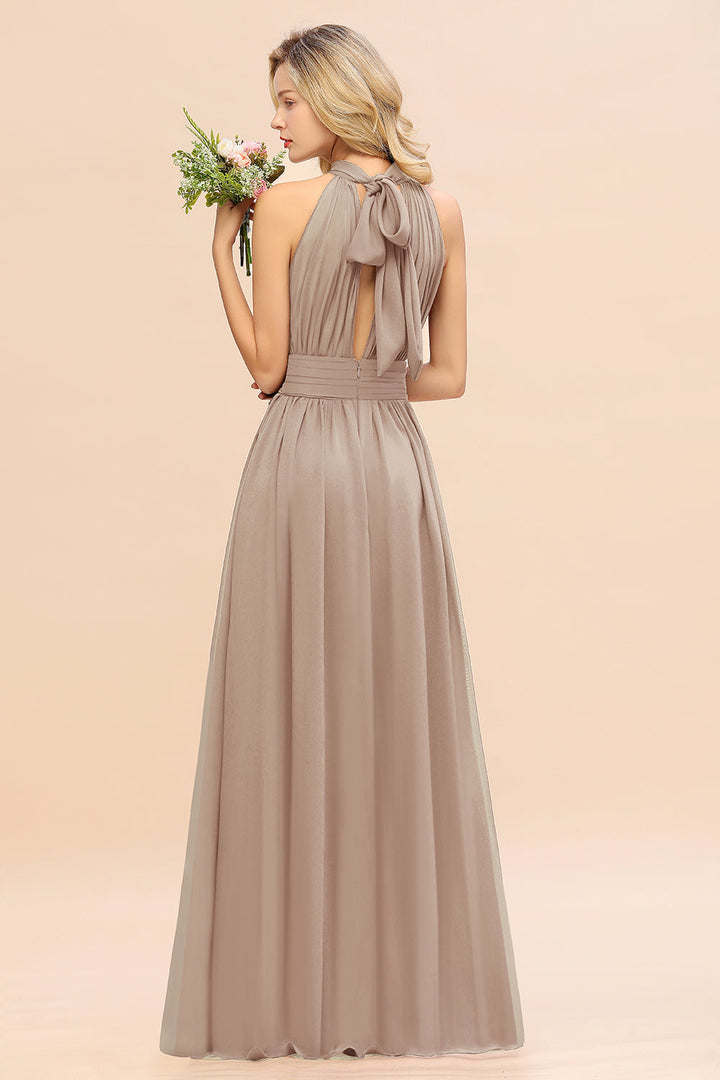 A-line High-Neck Halter Ruffle Chiffon Floor-Length Dress-koscy