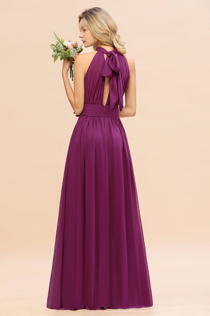 A-line High-Neck Halter Ruffle Chiffon Floor-Length Dress-koscy