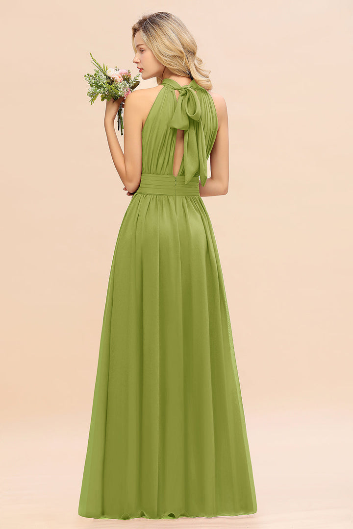 A-line High-Neck Halter Ruffle Chiffon Floor-Length Dress-koscy