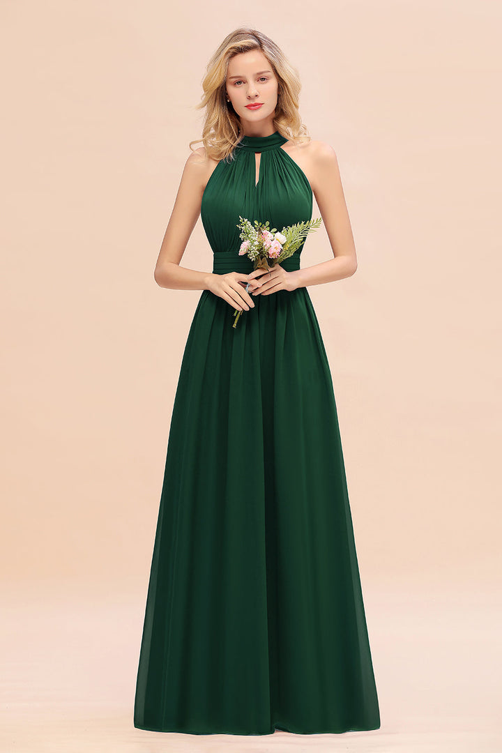 A-line High-Neck Halter Ruffle Chiffon Floor-Length Dress-koscy