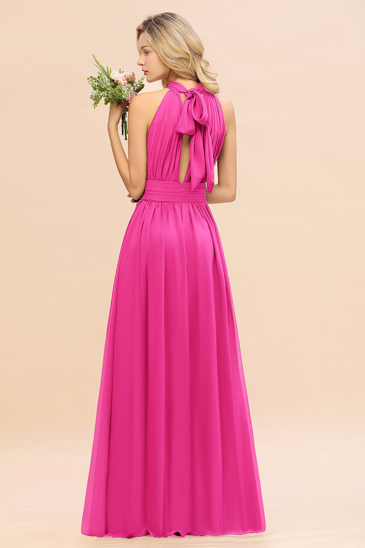 A-line High-Neck Halter Ruffle Chiffon Floor-Length Dress-koscy