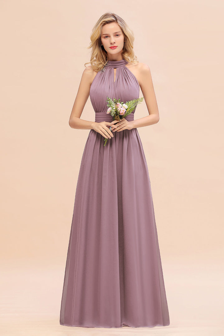 A-line High-Neck Halter Ruffle Chiffon Floor-Length Dress-koscy