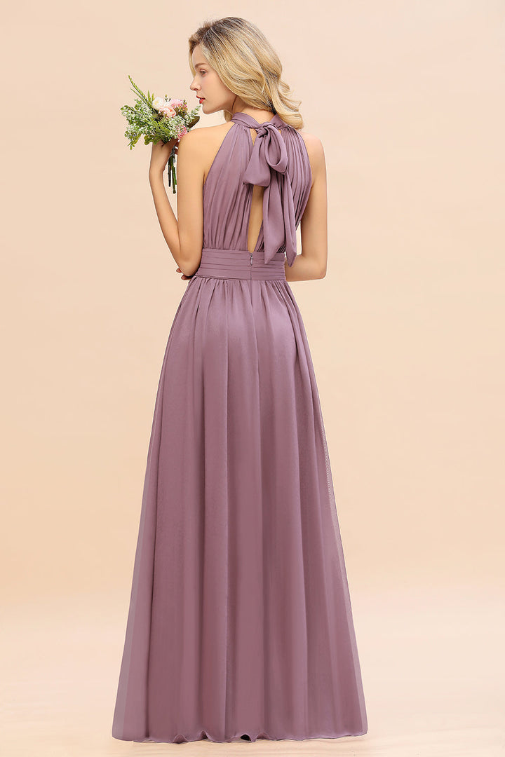 A-line High-Neck Halter Ruffle Chiffon Floor-Length Dress-koscy