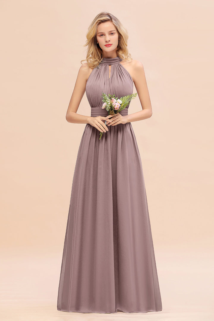 A-line High-Neck Halter Ruffle Chiffon Floor-Length Dress-koscy